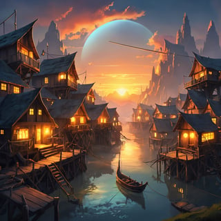 Artwork of a futuristic fantasy Fisher village , epic sunrise, epic lights