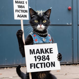 A punk cat holding up a sign "make 1984 
fiction again"