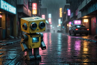 Small robot, cute robot, rectangular body, treaded wheels, compact head, expressive binocular-like eyes, sad and curious appearance, heartbreaking, cute, heavy rain, very sad, lonely, lost place, cyberpunk, desaturated, vibrant colors, dramatic lighting, desaturated background, bokeh, dark theme, soothing tones, depth of field, dramatic backlighting, film grain