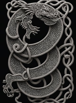 Epic dystopian closeup photo of chinese dragon, knotwork