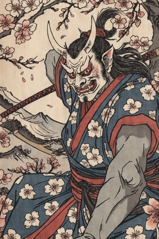 Detailed  closeup ukiyo-e artwork , of an oni  yokai samurai, Cherry Blossoms, epic pose ,Ukiyo-e,anthro