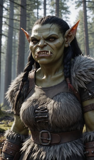 Closeup Photo ,of an Ork woman , realistic fur clothing,hang on a battlefield, forest , natural light