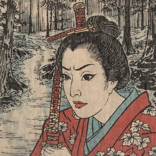 Closeup face ukyoe of a samurai woman, detailed katana,reflecting puddles, forest background, natural light ,Ukiyo-e