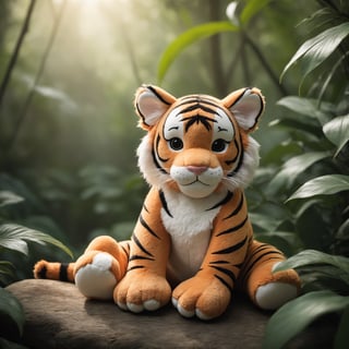 Detailed , photo, tiger plushie, natural light , jungle background 