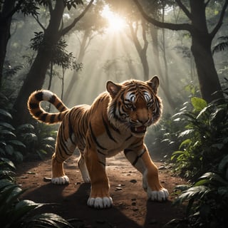  quality,high-resolution,dynamic angle,rainforest sunrise atmophere,playful-shadows,realistic epic-fluffy,puppy1tiger,angry hunting,huge detalied scene