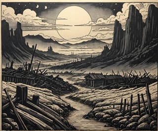 ukyoe woodblock drawing of an post apocalyptic landscape after ww3