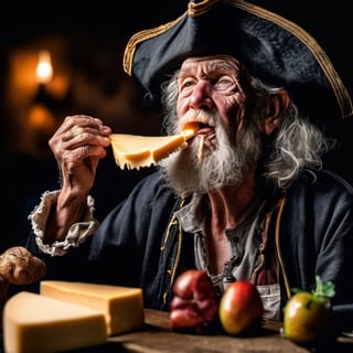 a old pirate man eating cheese, detailed , high quality photography, 3 point lighting, flash with softbox, 4k, Canon EOS R3, hdr, smooth, sharp focus, high resolution, award winning photo, 80mm, f2.8, bokeh