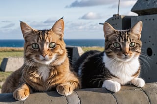 Closeup 2 cats a sitting in a German flack , Atlantic wall