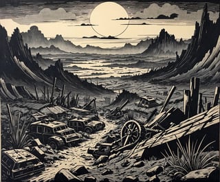 ukyoe woodblock drawing of an post apocalyptic landscape after ww3