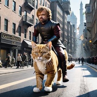 Tyrion Lannister from game of thrones is riding a giant cat through a city 