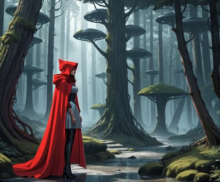 futuristic drawing style of  red riding hood in a futuristic screnery near the forest