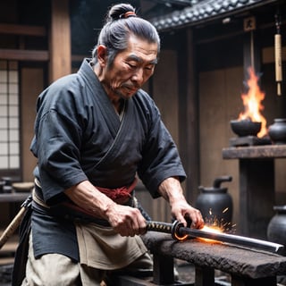 Detailed   photo of a old  Japanese Black Smith Edo time feudal Japan forging a katana 