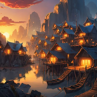 Closeup Artwork of a futuristic fantasy Fisher village , epic sunrise, epic lights