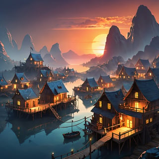 Closeup Artwork of a futuristic fantasy Fisher village , epic sunrise, epic lights