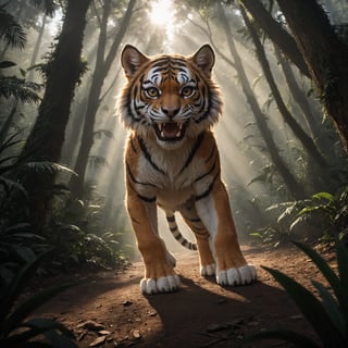  quality,high-resolution,dynamic angle,rainforest sunrise atmophere,playful-shadows,realistic epic-fluffy,puppy1tiger,angry hunting,huge detalied scene