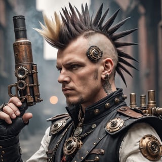 Detailed  closeup photo of a bastard Lord wearing a Mohawk holding a Gatling gun steampunk industrial background 