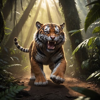  quality,high-resolution,dynamic angle,rainforest sunrise atmophere,playful-shadows,realistic epic-fluffy,puppy1tiger,angry hunting,huge detalied scene