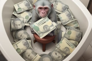 Monkey counting dollar bills sitting on a toilet seat