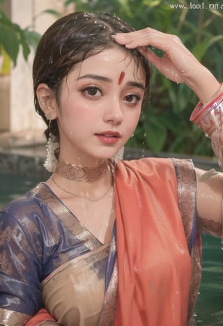 wet hair,SoakingWetClothes,  ((wet clothes, wet hair, bathing in water, face focused, skin pores, blouse, saree , detail face, )),wet hair,girl wearing indian saree,aliabhatt,SoakingWetClothes