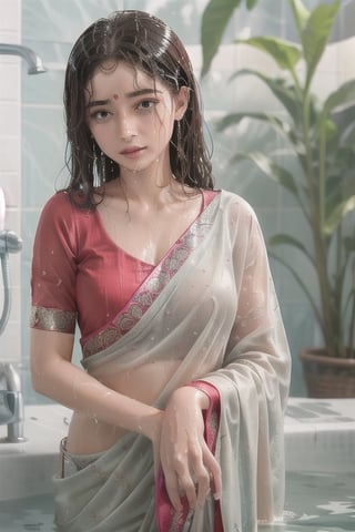 wet hair,SoakingWetClothes,  ((wet clothes, wet hair, bathing in water, face focused, skin pores, blouse, saree , detail face, )),wet hair,girl wearing indian saree,aliabhatt,SoakingWetClothes