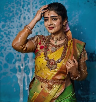 a woman in a sari with a necklace on her neck, a character portrait by Manjit Bawa, behance contest winner, bengal school of art, smile, happy, studio portrait, maximalist, studio photography,
, featured on instagram, samikshavad, elegant, rich color palette, 1920s

  ((wet clothes, wet hair, bathing in water, face focused, skin pores, long sleeve blouse, saree , detail face, )),wet hair,girl wearing indian saree,aliabhatt,SoakingWetClothes