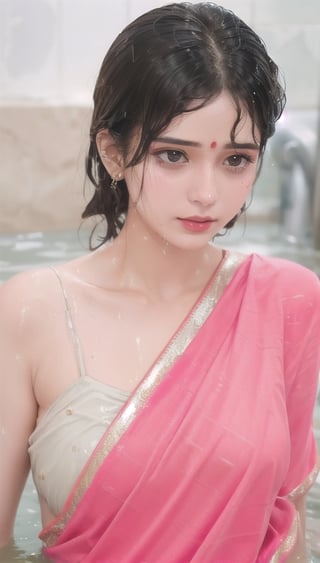 wet hair,SoakingWetClothes,  ((wet clothes, wet hair, bathing in water, face focused, skin pores, blouse, saree , detail face, )),wet hair,girl wearing indian saree,aliabhatt,SoakingWetClothes