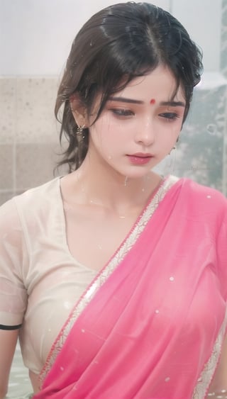 wet hair,SoakingWetClothes,  ((wet clothes, wet hair, bathing in water, face focused, skin pores, blouse, saree , detail face, )),wet hair,girl wearing indian saree,aliabhatt,SoakingWetClothes