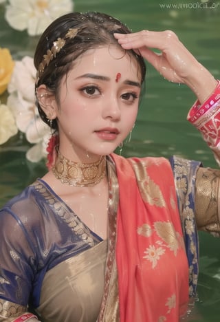 wet hair,SoakingWetClothes,  ((wet clothes, wet hair, bathing in water, face focused, skin pores, blouse, saree , detail face, )),wet hair,girl wearing indian saree,aliabhatt,SoakingWetClothes