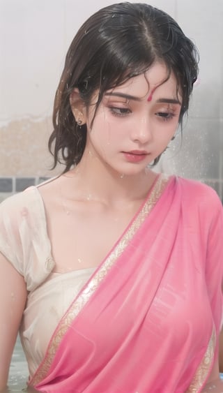 wet hair,SoakingWetClothes,  ((wet clothes, wet hair, bathing in water, face focused, skin pores, blouse, saree , detail face, )),wet hair,girl wearing indian saree,aliabhatt,SoakingWetClothes