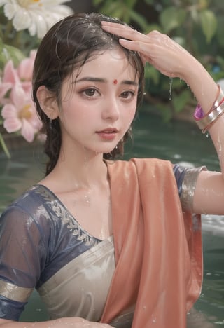 wet hair,SoakingWetClothes,  ((wet clothes, wet hair, bathing in water, face focused, skin pores, blouse, saree , detail face, )),wet hair,girl wearing indian saree,aliabhatt,SoakingWetClothes