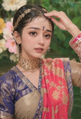 wet hair,SoakingWetClothes,  ((wet clothes, wet hair, bathing in water, face focused, skin pores, blouse, saree , detail face, )),wet hair,girl wearing indian saree,aliabhatt,SoakingWetClothes