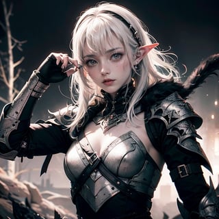 Story, white hair female elf warrior , wearing black armor and fighter charging posing, elaborate scene style, glitter, black and white, realistic style, 8k,exposure blend, medium shot, bokeh, (hdr:1.4), high contrast, (cinematic, dark and white film), (muted colors, dim colors, soothing tones:1.3), low saturation, (hyperdetailed:1.2), (noir:0.4)  ,  cute  face , asian girl