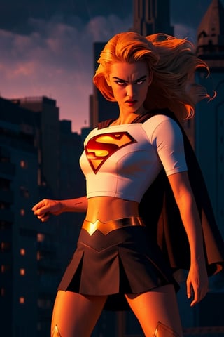 masterpiece,  best quality,  ultra high res,  beautiful,  visually stunning,  elegant,  incredible details,  award-winning painting,  (dark art:1.1),  deep shadow,  (dark theme:1.2), comic book style,  supergirl , solo. 1girl,  dark scene,  cowboy shot of supergirl , athletic, glowing white eyes, eyes on fire, detailed eyes, focus on eyes, no pupils, showing face, long delicate blonde hair, no mask, night city,  mist,  particles,  female focus,  visible mouth, slim supermodel female figure,  red cape,  night,  outdoors,  rain,  serious,  dark armosphere,  detailed background,  cinematic ready for battle pose,  darker belt,  lurking on top of a big statue,,  no logo on belt buckle,  no nipples,  superhero, (white) crop top with supergirl logo on chest,  red mini skirt, showing navel, battle stance,  Epicrealism, r1ge,  dark art,  deep shadow,  angry,  glowing,  aura,  flying debris,  flying fragments.,Galatea ,Supergirl,long hair