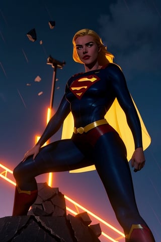 masterpiece,  best quality,  ultra high res,  beautiful,  visually stunning,  elegant,  incredible details,  award-winning painting,  (dark art:1.1),  deep shadow,  (dark theme:1.2), comic book style, Melissa Benoist as supergirl , solo. 1girl,  dark scene,  cowboy shot of supergirl ,  athletic, glowing white eyes, eyes on fire, detailed eyes, focus on eyes, no pupils, showing face, long delicate blonde hair, no mask, night city,  mist,  particles,  female focus,  visible mouth, slim supermodel female figure,  black cape,  night,  outdoors,  rain,  serious,  dark armosphere,  detailed background,  cinematic ready for battle pose,  darker belt,  lurking on top of a big statue,,  no logo on belt buckle,  no nipples,  superhero, bodysuit with supergirl logo on chest,  battle stance,  Epicrealism, r1ge,  dark art,  deep shadow,  angry,  glowing,  aura,  flying debris,  flying fragments.,Galatea ,Supergirl