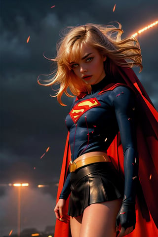 masterpiece,  best quality,  ultra high res,  beautiful,  visually stunning,  elegant,  incredible details,  award-winning painting,  (dark art:1.1),  deep shadow,  (dark theme:1.2), comic book style,  supergirl , solo. 1girl,  dark scene,  cowboy shot of supergirl , athletic, glowing white eyes, eyes on fire, detailed eyes, focus on eyes, no pupils, showing face, long delicate blonde hair, no mask, night city,  mist,  particles,  female focus,  visible mouth, slim supermodel female figure,  red cape,  night,  outdoors,  rain,  serious,  dark armosphere,  detailed background,  cinematic ready for battle pose,  darker belt,  lurking on top of a big statue,,  no logo on belt buckle,  no nipples,  superhero, (white) crop top with supergirl logo on chest,  red mini skirt, showing navel, battle stance,  Epicrealism, r1ge,  dark art,  deep shadow,  angry,  glowing,  aura,  flying debris,  flying fragments.,Galatea ,Supergirl,long hair,Galatea,ellafreya