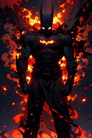 comic book style,  batman,  flashpoint batman,  1boy,  dark scene,  cowboy shot of batman,  athletic,  glowing red eyes,  no pupils,  night city,  mist,  particles,  halo,  fire,  male focus,  visible mouth,  mouth closed,  mask,  muscular,  muscular male,  ragged and torn cape,  night,  outdoors,  rain,  serious,  dark armosphere,  detailed background,  cinematic ready for battle pose,  dark black cape,  torn cape,  darker belt,  lurking on top of a big statue,  glowing bright flaming outline on batman logo on chest,  no logo on belt buckle,  wears black full glove,  no nipples,  gray full body suit with batman logo on chest,  battle stance,  Epicrealism,  r1ge,  dark art,  deep shadow,  angry,  glowing,  aura,  flying debris,  flying fragments, 