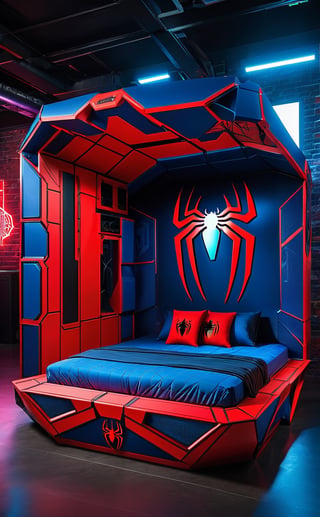 A cyberpunk-inspired X-Box bed with Spider-Man logo