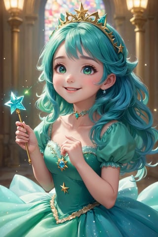 adorable_eyes, mischievous_smile, charming_outfit, fluffy_pet, kawaii_pose, pastel_background, star-shaped_weapon, magic wand, blue green hair, princess tiara, blue green dress, masterpiece, best quality, highly detailed, sharp focus, dynamic lighting, vivid colors, texture detail, particle effects, storytelling elements, narrative flair, 16k, UE5, HDR, subject-background isolation