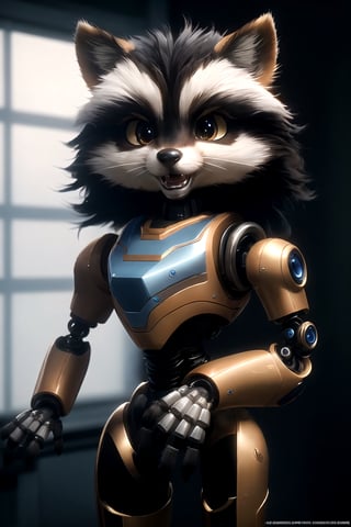 best quality, (high quality:):1.3),realistic fur and mane with dynamic movement,dynamic view,colorful,very clear,very smooth,indoors,absurdres,intricate,real life,accurate paws and tail,cinestill,Epicrealism,Clairese the robo-coon,cute and friendly ,sexy