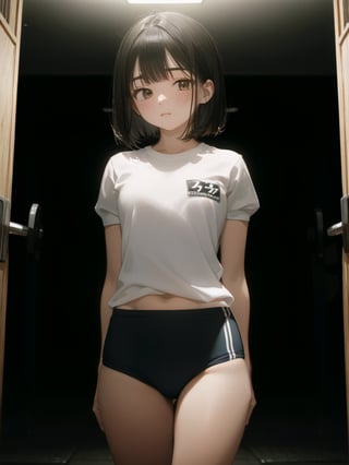 absurdres, highres, ultra detailed, (1girl:1.3), BREAK 16 years old, japanese, black small eyes, black hair, bob cut, (gym uniform, red buruma, white shirt, short sleeves, thighs:1.3), indoors, locker room