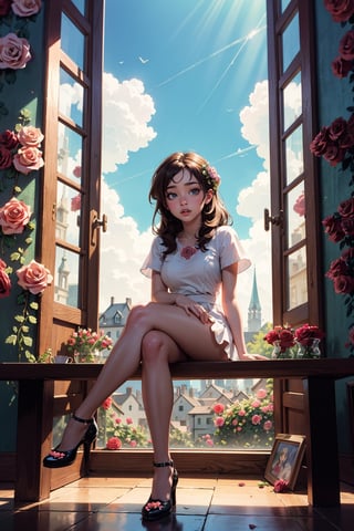 masterpiece, best quality, (ultra-detailed, 8k, uhd), (kawaii background:1.3), (extremely detailed, fine touch:1.3), (hard light, studio light, light rays, dappled light, reflection, shadows, ray tracing:1.0), pov, girl, brown long hair, full body, sky, cloud, flower, glass shoes, (clover, roses, flowers:1.3), (sitting, legs apart:1.3)