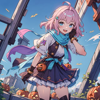 (masterpiece, top quality, best quality, official art, beautiful and aesthetic:1.2),(1girl:1.4) multicolored_eyes, pink hair,holding a pumpkin, ((masterpiece)), absurdres, happy, smile, ;D, yumemi riamu, blue hair, pink hair,cosplay of adventure girl costume, hot pink and blue hair, short hair, blue eyes, (wear light blue, brown, and ocrer:1.5), leather boots, leather gloves, bracelet, strapless, white blouse, light blue scarf, style genshin impact, , Instagrammable, cute features, cute pose, adorable girl, kawaii,riamu, (turquoise jewelry with gold details, gold details) ,ahoge,,AGGA_ST004 , (hair in the wind,, long scarf,:1.4),, ,solo, smiling, looking at viewer, (background a cemitery tematic for haloween:1.3),