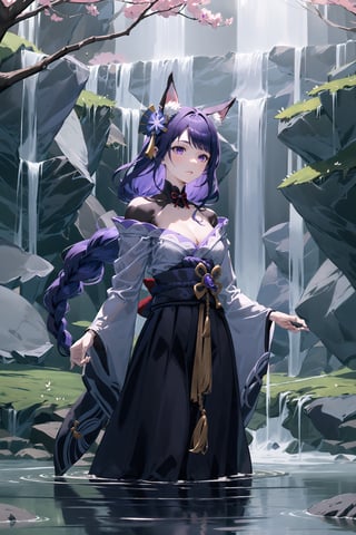 psychic glow, long skirt, open blouse, long purple hair, shiny purple eyes, long fringe hair, long ears, head and shoulder shot, close up, nature background, river, daylight, sunlight,, bright daylight, glow, stood by tree, shite blouse, long purple animal ears, meadow background, waterfall,raidenshogundef