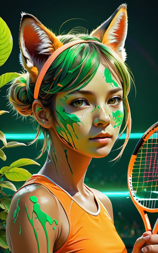 Tiger tennis player in tennis court, (masterpiece:1.1), (highest quality:1.1), (HDR:1.0), extreme quality, cg, (negative space), detailed face+eyes, 1girl, fox ears, (plants:1.18), (fractal art), (bright colors), splashes of color background, colors mashing, paint splatter, complimentary colors, neon, compassionate, electric, limited palette, synthwave, fine art, tan skin, full body, (green and orange:1.2), time stop, sy3, SMM