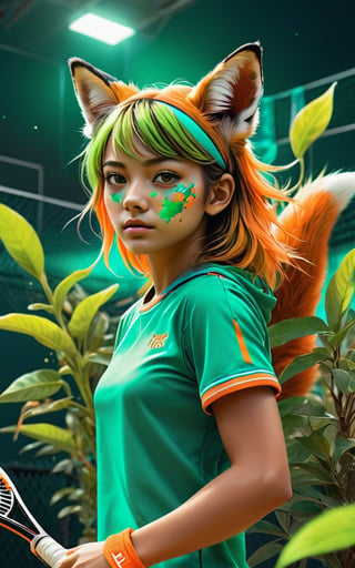 Tiger tennis player in tennis court, (masterpiece:1.1), (highest quality:1.1), (HDR:1.0), extreme quality, cg, (negative space), detailed face+eyes, 1girl, fox ears, (plants:1.18), (fractal art), (bright colors), splashes of color background, colors mashing, paint splatter, complimentary colors, neon, compassionate, electric, limited palette, synthwave, fine art, tan skin, full body, (green and orange:1.2), time stop, sy3, SMM,photo r3al