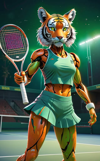 (fullbody:1) of Tiger tennis player in tennis court, (masterpiece:1.1), (highest quality:1.1), (HDR:1.0), extreme quality, cg, (negative space), detailed face+eyes, 1girl, fox ears, (plants:1.18), (fractal art), (bright colors), splashes of color background, colors mashing, paint splatter, complimentary colors, neon, compassionate, electric, limited palette, synthwave, fine art, tan skin, full body, (green and orange:1.2), time stop, sy3, SMM,photo r3al,mecha,DonMCyb3rN3cr0XL 