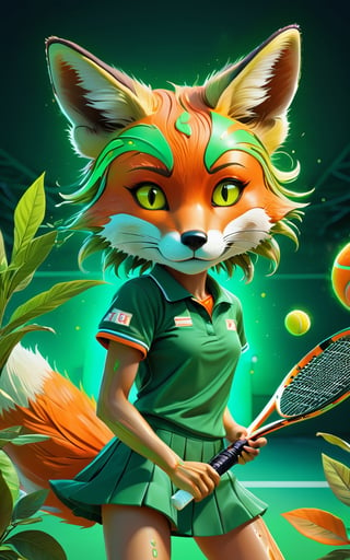 Tiger tennis player in tennis court, (masterpiece:1.1), (highest quality:1.1), (HDR:1.0), extreme quality, cg, (negative space), detailed face+eyes, 1girl, fox ears, (plants:1.18), (fractal art), (bright colors), splashes of color background, colors mashing, paint splatter, complimentary colors, neon, compassionate, electric, limited palette, synthwave, fine art, tan skin, full body, (green and orange:1.2), time stop, sy3, SMM