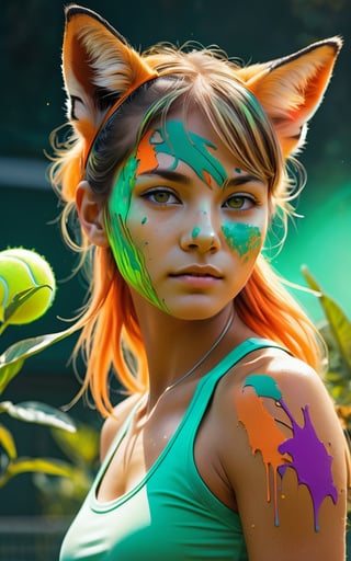 Tiger tennis player in tennis court, (masterpiece:1.1), (highest quality:1.1), (HDR:1.0), extreme quality, cg, (negative space), detailed face+eyes, 1girl, fox ears, (plants:1.18), (fractal art), (bright colors), splashes of color background, colors mashing, paint splatter, complimentary colors, neon, compassionate, electric, limited palette, synthwave, fine art, tan skin, full body, (green and orange:1.2), time stop, sy3, SMM,photo r3al