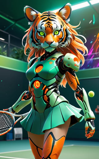 (fullbody:1) of Tiger tennis player in tennis court, (masterpiece:1.1), (highest quality:1.1), (HDR:1.0), extreme quality, cg, (negative space), detailed face+eyes, 1girl, fox ears, (plants:1.18), (fractal art), (bright colors), splashes of color background, colors mashing, paint splatter, complimentary colors, neon, compassionate, electric, limited palette, synthwave, fine art, tan skin, full body, (green and orange:1.2), time stop, sy3, SMM,photo r3al,mecha,DonMCyb3rN3cr0XL 