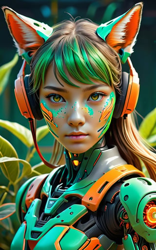 Tiger tennis player in tennis court, (masterpiece:1.1), (highest quality:1.1), (HDR:1.0), extreme quality, cg, (negative space), detailed face+eyes, 1girl, fox ears, (plants:1.18), (fractal art), (bright colors), splashes of color background, colors mashing, paint splatter, complimentary colors, neon, compassionate, electric, limited palette, synthwave, fine art, tan skin, full body, (green and orange:1.2), time stop, sy3, SMM,photo r3al,mecha,DonMCyb3rN3cr0XL 